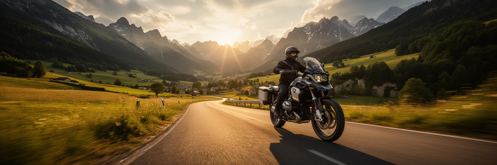 Motard en voyage sur une route de montagne